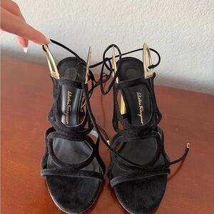Salvatore Ferragamo Black and Gold Strappy Heels